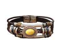 Men'S Leather Bracelet, Natural Stone Leather Bracelet For Men Multi-Layer Braided Oval Gemstone Cuff Bangle With Buckle Vintage Crystal Jewelry For Dad Him Husband Yellow Turquoise