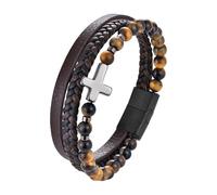 Men's Leather Bracelet, Natural Tiger'S Eye Stone Bracelet For Men Handmade Braided Cross Cuff Bangle Faith Crucifix Crystal Jewellery Gifts For Dad Him Husband 19Cm