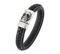 Men's Leather Bracelet, Punk Rock Skull Bracelet For Men Handmade Braided Cuff Wristband With Skull Charm Vintage Halloween Jewellery For Boyfriend Husband 16.5Cm