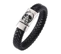 Mens Leather Bracelet, Punk Rock Skull Bracelet For Men Magnetic Clasp Leather Wristband With Pouch Handmade Halloween Jewellery For Dad Husband Boyfriend 19.5Cm