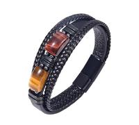 Men's Leather Bracelet, Tiger Eye Crystal Leather Bracelet Magnetic Clasp Handmade Braided Cuff Bangle Black Mens Gemstone Jewellery With Pouch Teen Boy Gifts For Graduation Birthday