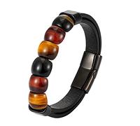 Men's Leather Bracelet,Tiger Eye Leather Bracelet For Men Natural Tiger Eye Gemstone Crystal Stone Bracelet With Magnet Clasp Handmade Protection Jewellery Valentines Gift For Dad Boyfriend