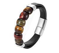 Mens Leather Bracelet,Tiger Eye Leather Bracelet For Men Natural Tiger Eye Gemstone Crystal Stone Bracelet With Magnet Clasp Handmade Protection Jewellery Valentines Gift For Dad Boyfriend H