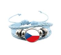 Mens Leather Bracelets, Adjustable National Flag Leather Bracelet Multi-Layer Braided Rope Football Bangle With Snap Buttons Vintage Handmade Jewelry Gift For Women Men Czech Republic