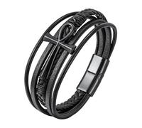 Mens Leather Bracelets, Ankh Cross Leather Bracelet For Men Multi-Layer Braided Cuff Wristband Magnetic Clasp Faith Crucifix Halloween Jewellery Gifts For Women Black Buckle