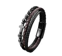 Mens Leather Bracelets, Cross Leather Bracelet For Men Multi-Layer Braided Natural Stone Beads Cuff Bangle Faith Crucifix Crystal Jewellery Gifts For Dad Him Husband Hematite 23Cm