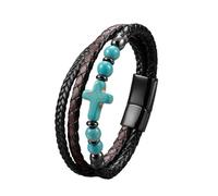 Mens Leather Bracelets, Cross Leather Bracelet For Men Multi-Layer Braided Natural Stone Beads Cuff Bangle Faith Crucifix Crystal Jewellery Gifts For Dad Him Husband Turquoise 19Cm