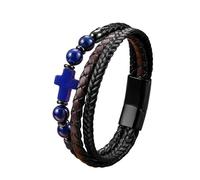 Mens Leather Bracelets, Cross Leather Bracelet For Men Multi-Layer Braided Natural Stone Beads Cuff Bangle Faith Crucifix Crystal Jewellery Gifts For Dad Him Husband Lapis Lazuli 21Cm