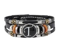 Mens Leather Bracelets, Initial Letter Leather Bracelet For Men Handmade Multi-Layer Braided Wristband With Pouch Vintage Jewellery Gifts For Dad Husband Brother Boyfriend Letter T