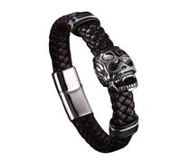 Mens Leather Bracelets, Mens Braided Leather Bracelet Magnetic Clasp Handmade Cuff Bangle With Skull Charm Punk Rock Halloween Jewellery Gifts For Boyfriend Brother Brown 16.5Cm
