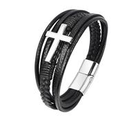Mens Leather Bracelets, Multi-Layer Leather Wrap Bracelet For Men Handmade Braided Cross Wristband Magnetic Clasp Faith Crucifix Halloween Jewellery Gifts For Women Silver Buckle 21Cm