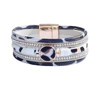 Mens Leather Bracelets, Multi-Layer Leather Wrap Bracelet For Women Handmade Braided Leopard Bangle With Magnetic Clasp Vintage Crystal Jewelry Gift For Women Teen Girls Silver