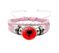 Mens Leather Bracelets, National Flag Braided Bracelet Pink Adjustable Multi-Layer Leather Rope Football Bangle With Snap Buttons Vintage Handmade Charming Jewelry Gift For Women Men Albania
