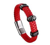 Mens Leather Bracelets, Punk Rock Skull Bracelet For Mens Magnetic Clasp Handmade Cuff Wristband With Pouch Gothic Halloween Jewellery For Boyfriend Husband Red 16.5Cm