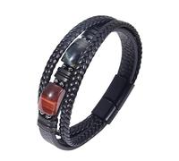 Mens Leather Bracelets, Tiger Eye Crystal Leather Bracelet Magnetic Clasp Handmade Braided Cuff Bangle Black Mens Gemstone Jewellery With Pouch Teen Boy Gifts For Graduation Birthday