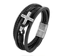 Mens Leather Braided Cross Bracelet Handmade Multi Layer Leather Cuff Bangle With Magnetic Clasp Lucky Vintage Jewellery For Dad Him Husband Black 21Cm
