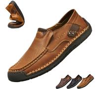 Mens Leather Breathable Slip On Loafers, Handmade Comfortable Flat Moccasins Men Lightweight Casual Business Office Work Shoes, Leather Driving Shoes for Men (Brown,45EU)