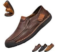 Mens Leather Breathable Slip On Loafers, Handmade Comfortable Flat Moccasins Men Lightweight Casual Business Office Work Shoes, Leather Driving Shoes for Men (Dark Brown,37EU)