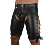 Men's Leather Chaps Shorts Gay ClubWear with Side Laced Black