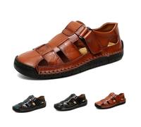 Men's Leather Closed Toe Sandals, Mens Orthopedic Hollow-Out Summer Sandals Breathable Hand-Stitched Slip-On Leather Fisherman Shoes for Walking Hiking Beach (Browen,6)