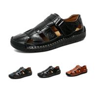 Men's Leather Closed Toe Sandals, Mens Orthopedic Hollow-Out Summer Sandals Breathable Hand-Stitched Slip-On Leather Fisherman Shoes for Walking Hiking Beach (Black,7)