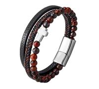 Mens Leather Cross Bracelet with Magnetic Clasp Multi-Layer Wristbands Tigers Eye Stone and Hematite Mens Catholic Faith Bracelet Hand Braided Cuff Bangles Red Tiger'S Eye Stone + White Cross 21Cm