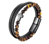 Mens Leather Cross Bracelet with Magnetic Clasp Multi-Layer Wristbands Tigers Eye Stone and Hematite Mens Catholic Faith Bracelet Hand Braided Cuff Bangles Yellow Tiger'S Eye Stone + Black Cross 21C