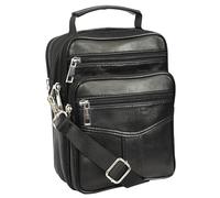 Men's Leather Crossbody Messenger Bag Black Multi-Zip Pockets Adjustable Shoulder Strap with Grab Handle HOL6968
