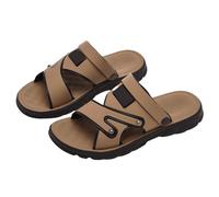 Mens Leather Double Strap Open Toe Slides Non Slip Casual Slippers Soft Breathable Comfortable Footwear Men Outdoor Walking Shoes(Khaki, 8)