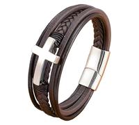 Men'S Leather Faith Cross Bracelet Braided Multi Layer Wristband With Magnetic Clasp Handmade Punk Jewelry Christian Religious Gifts For Him(Brown/Black) Silver-Brown 21 Cm