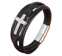 Men'S Leather Faith Cross Bracelet Braided Multi Layer Wristband With Magnetic Clasp Handmade Punk Jewelry Christian Religious Gifts For Him(Brown/Black) Silver 19 Cm