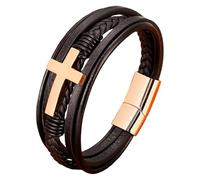 Men'S Leather Faith Cross Bracelet Braided Multi Layer Wristband With Magnetic Clasp Handmade Punk Jewelry Christian Religious Gifts For Him(Brown/Black) Rose Gold 19 Cm