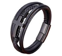 Men'S Leather Faith Cross Bracelet Braided Multi Layer Wristband With Magnetic Clasp Handmade Punk Jewelry Christian Religious Gifts For Him(Brown/Black) Black 19 Cm