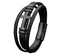 Men'S Leather Faith Cross Bracelet Multi-Layer Braided Leather Bracelets With Magnetic Clasp Gothic Punk Jewelry Christian Religious Gifts For Him Her Black 19 Cm