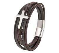 Men'S Leather Faith Cross Bracelet Multi-Layer Braided Leather Bracelets With Magnetic Clasp Handmade Punk Jewelry Christian Religious Gifts For Him Her Silver 21 Cm