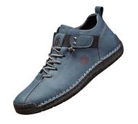 Men's Leather Flat High Ankle Boots, Workwear Lace-Up Leisure Shoes, Closed Toe, Ankle Strap, Visible Stitching and Notched Sole for Office and Daily Walking, 01 Blue, 7 UK