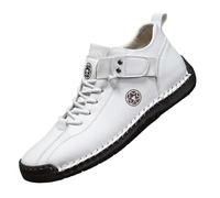 Men's Leather Flat High Ankle Boots, Workwear Lace-Up Leisure Shoes, Closed Toe, Ankle Strap, Visible Stitching and Notched Sole for Office and Daily Walking, 01 White, 6 UK
