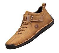 Men's Leather Flat High Ankle Boots, Workwear Lace-Up Leisure Shoes, Closed Toe, Ankle Strap, Visible Stitching and Notched Sole for Office and Daily Walking, 01 Brown, 6 UK