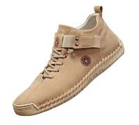 Men's Leather Flat High Ankle Boots, Workwear Lace-Up Leisure Shoes, Closed Toe, Ankle Strap, Visible Stitching and Notched Sole for Office and Daily Walking, 01 Khaki, 13 UK