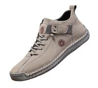 Men's Leather Flat High Ankle Boots, Workwear Lace-Up Leisure Shoes, Closed Toe, Ankle Strap, Visible Stitching and Notched Sole for Office and Daily Walking, 01 Grey, 11 UK