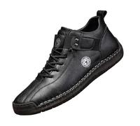 Men's Leather Flat High Ankle Boots, Workwear Lace-Up Leisure Shoes, Closed Toe, Ankle Strap, Visible Stitching and Notched Sole for Office and Daily Walking, 01 Black, 13 UK