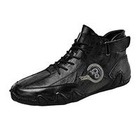 Mens Leather Flat Sneakers High Top Sneaker Lightweight Sports Shoes Zero Drop Trainer Breathable Trainers Wide Fit Walking Shoe Anti Slip Trainer Waterproof Athletic Shoes Outdoor Boat Shoe Black