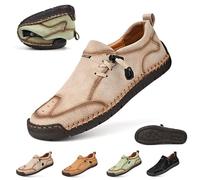 Men's Leather Hand Stitching Lace-Up Loafers Lightweight Breathable Moccasins,Non Slip Soft Bottom Casual Driving Shoes (Khaki,44 EU)