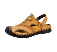 Men's Leather Hollow Athletic Sandals, Plus Size Closed Toe Slip on Adjustable The Heel Strap Hiking Beach Sandals for Men, Summer Breathable Non Slip Sandal(Khaki,8 UK)