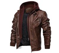 Men'S Leather Jacket Casual Vintage Men'S Motorcycle Jacket Spring Autumn Multiple Pockets Men'S Hooded Jacket Zipper Decoration All-Match Men'S Transition Jacket B-Brown XXL