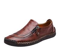 Mens Leather Loafer Comfy Lightweight Round Toe Shoes Flats Moccasins Non-Slip Wider Business Work Shoes Large Size Red Brown