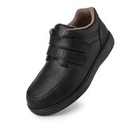 Men's Leather Loafers Slip-On Shoes for Diabetic & Swollen Feet - Adjustable Hook & Loop Strap Walking Sneakers, Comfortable Dress Casual Oxford Shoes for Business, Black, 7 UK