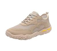 Mens Leather Mesh Trainers Breathable Cushioned Comfortable Lightweight Non Slip Platform Shoes Mountain Athletic Walking Shoe Sport Game Running Trainer (Beige, 7.5)