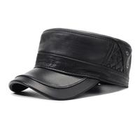 Men's Leather Military Style Hat Cadet Army Caps Flat Top Cap, Black, One Size