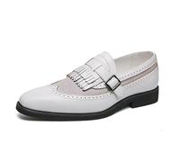 Mens Leather Monk Strap Loafers Brogue Wingtip Design With Tassel Detail Slip On Business Casual Dress Shoes Multi Colors(White,7.5 UK)